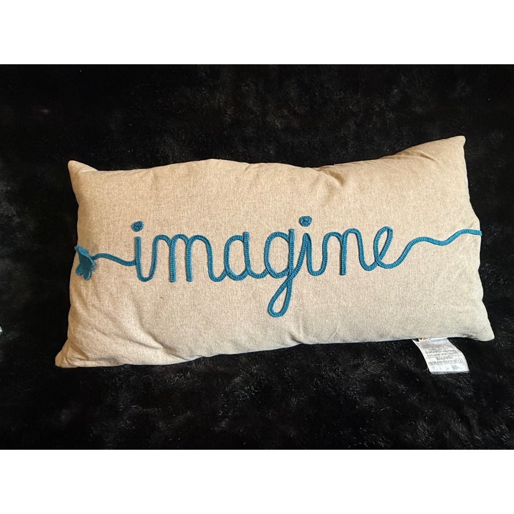 Devi Designs Imagine Script Lumbar Pillow Beige Teal Cotton Feather Fill 14x26